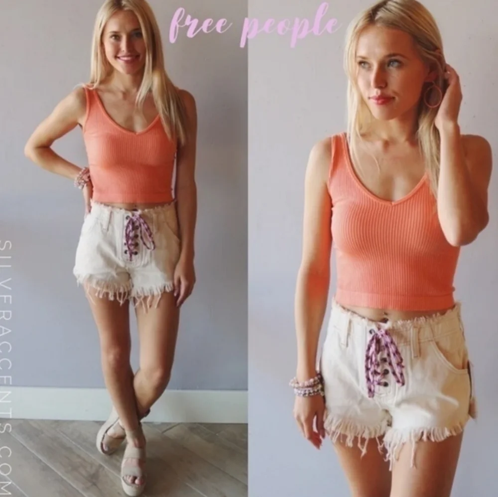 Free People Oversized Becket Lace-Up CutOff Denim Shorts in Salty